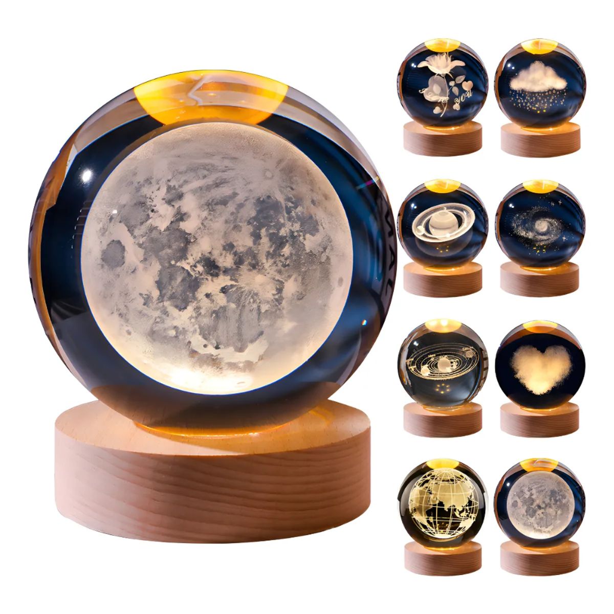 TECNOHOGAR JS - Lámpara Led Bola Cristal Sistema Solar Luna Luz Cálida Usb