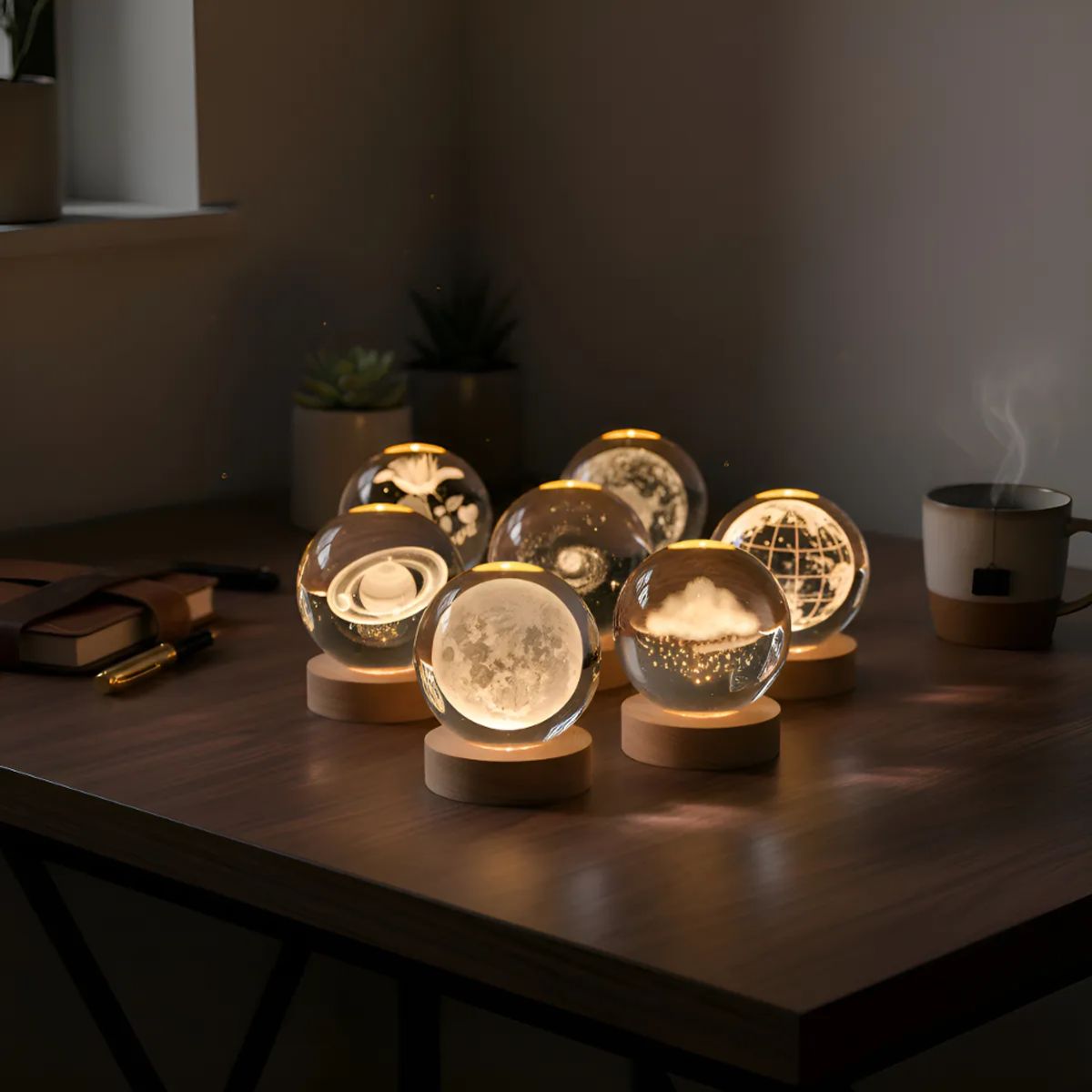 TECNOHOGAR JS - Lámpara Led Bola Cristal Sistema Solar Luna Luz Cálida Usb