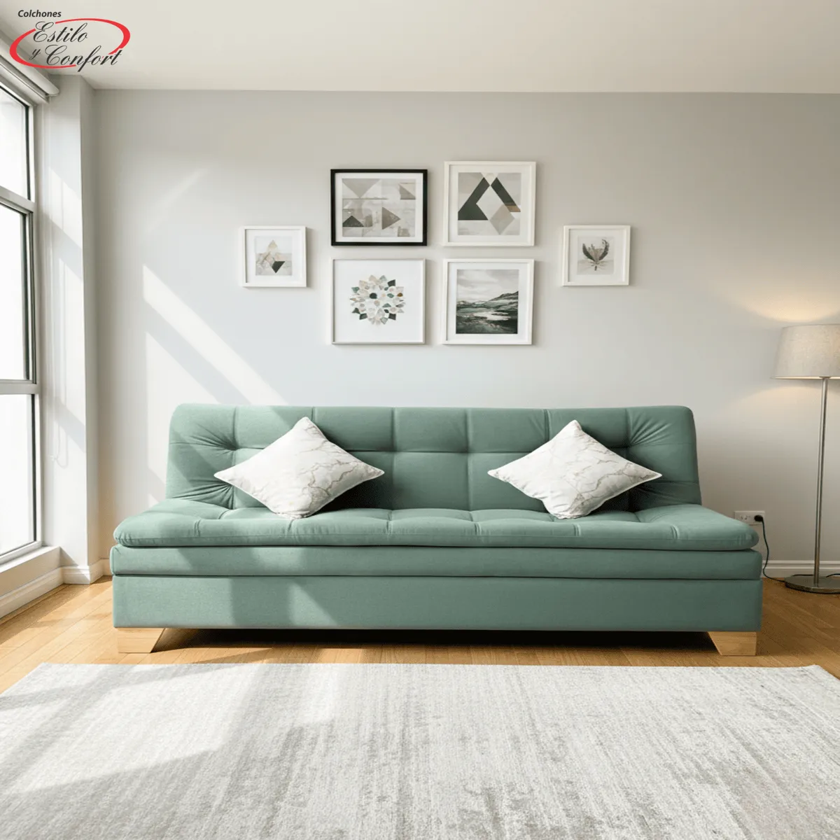 ESTILO Y CONFORT - Sofácama Click Baúl 3 Pocisiones Verde + Cojines