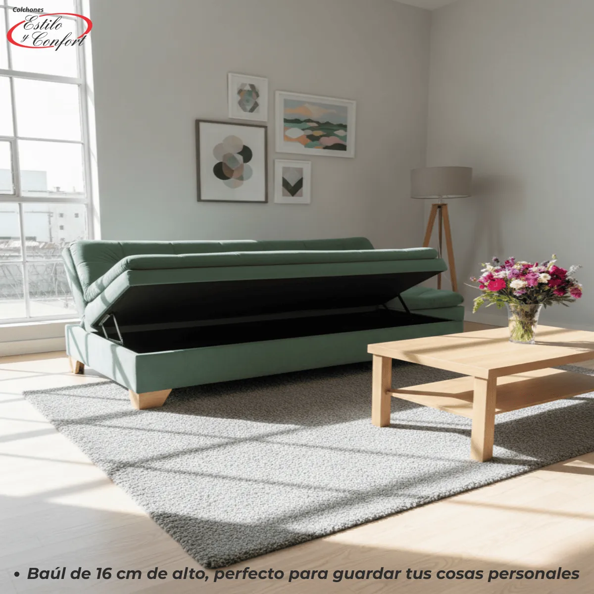 ESTILO Y CONFORT - Sofácama Click Baúl 3 Pocisiones Verde + Cojines