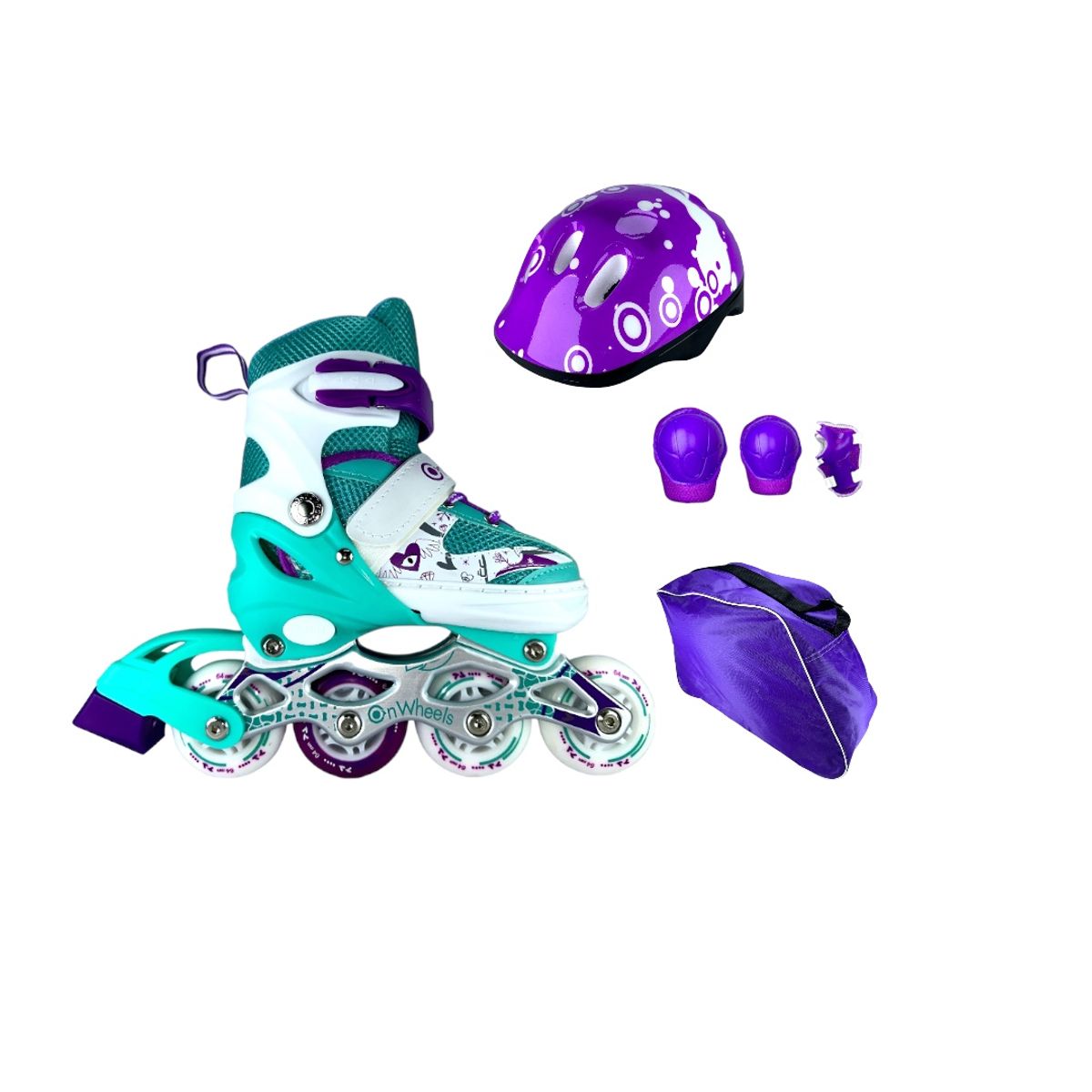 ONWHEELS - Patines En Linea Semiprofesionales Kit Onwheels Con Protecciones Celeste S 29 Ajustables a 33