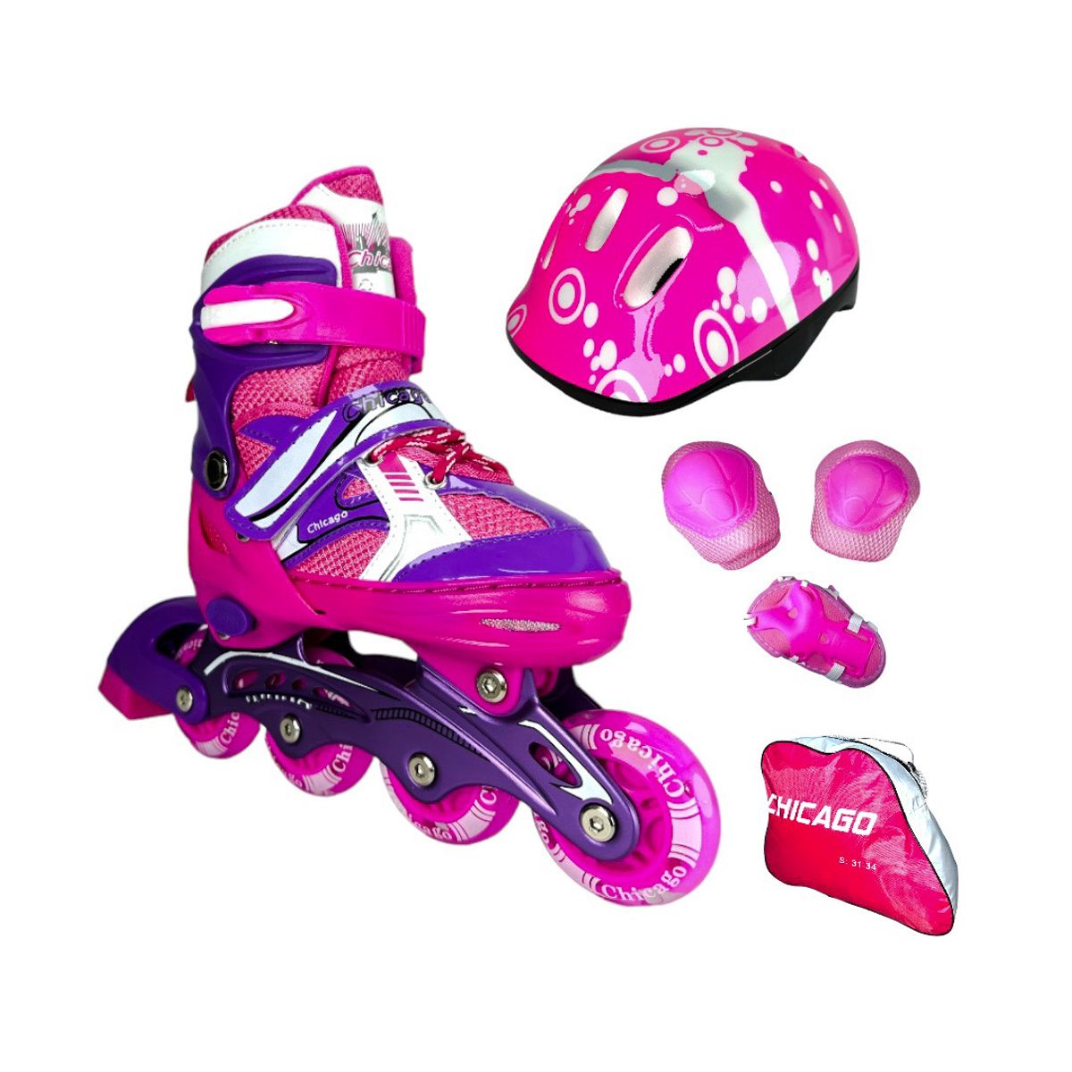 CHICAGO - Patines En Linea Semiprofesionales Kit Chicago Con Protecciones Fucsia XS 27 Ajustables a 30