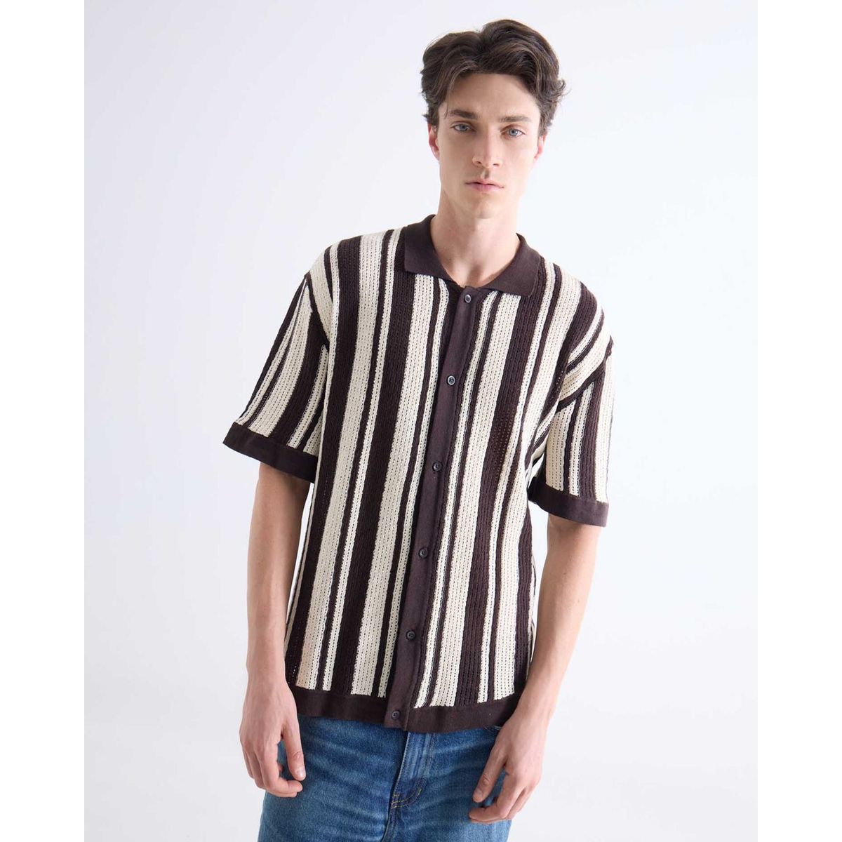 SEVEN SEVEN - Camisa  Para Hombre Manga Corta Sin Bolsillo Cuello Casual M Color Café Marca Seven Seven #45012164