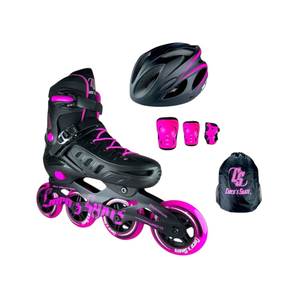 ROLLER - Patines En Linea Semiprofesionales Kit Roller Skate Con Protecciones Fucsia XS 27 Ajustables a 30