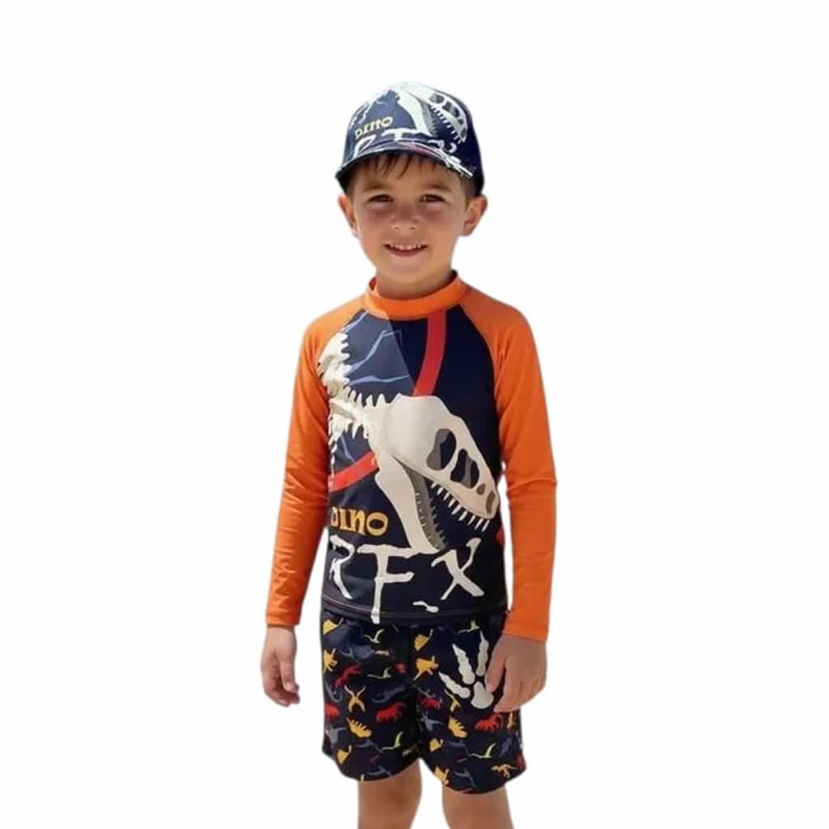 1AMIGO - Traje de baño Infantil Buzo Pantaloneta y Gorra - Dinosaurio