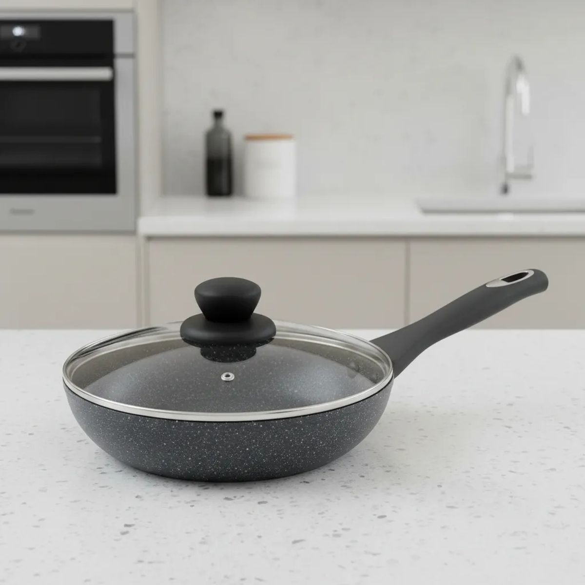 NOVUM - Sartén Antiadherente Efecto Piedra 18 Cm Con Tapa De Vidrio Gris Arteeza