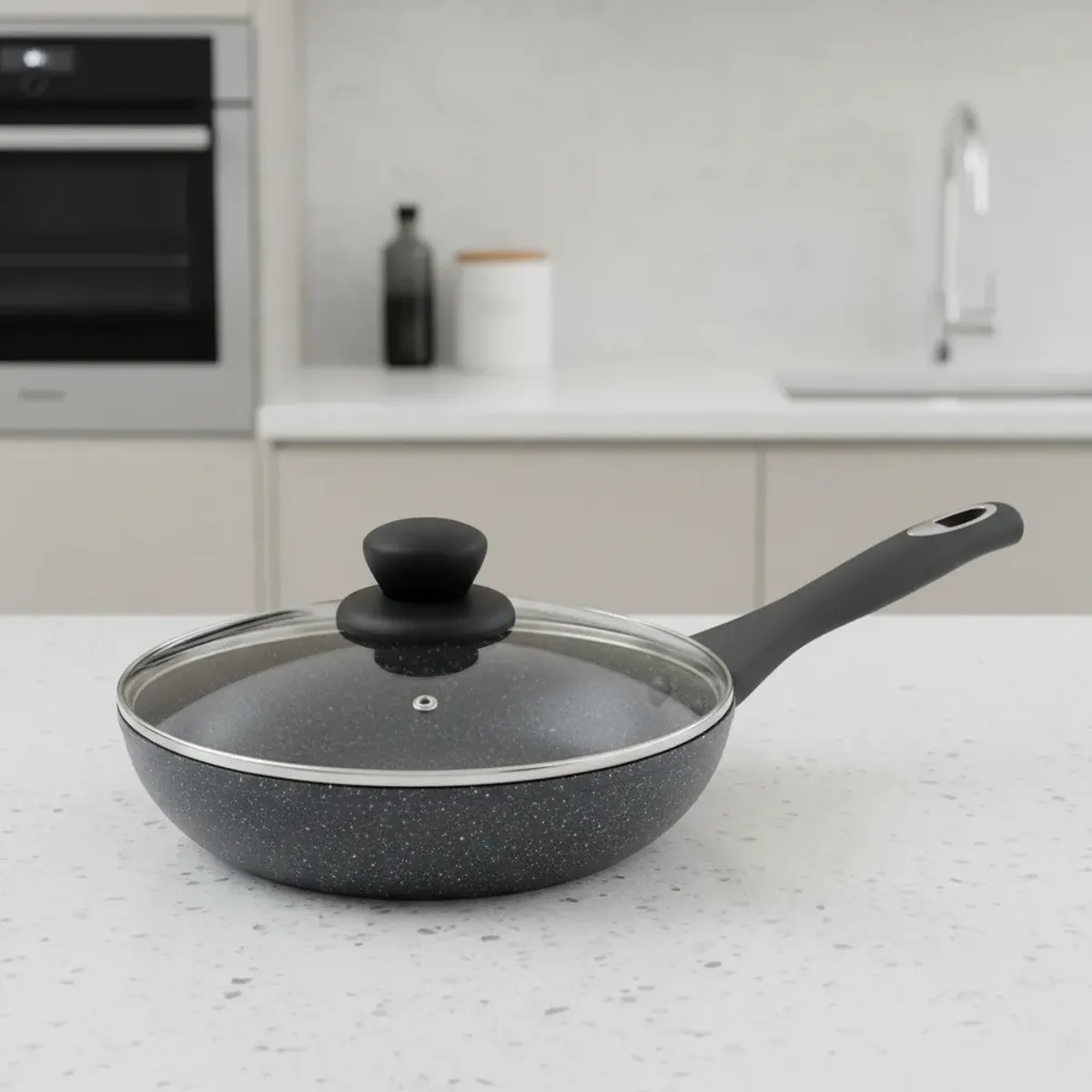 NOVUM - Sartén Antiadherente Efecto Piedra 18 Cm Con Tapa De Vidrio Gris Arteeza