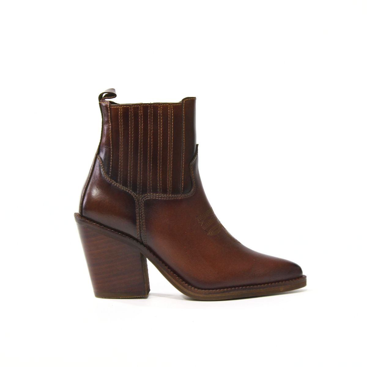 ANTONINA SHOES - Botines en Cuero Coñac de Tacón Alto y Bordado en Capellada - Antonina