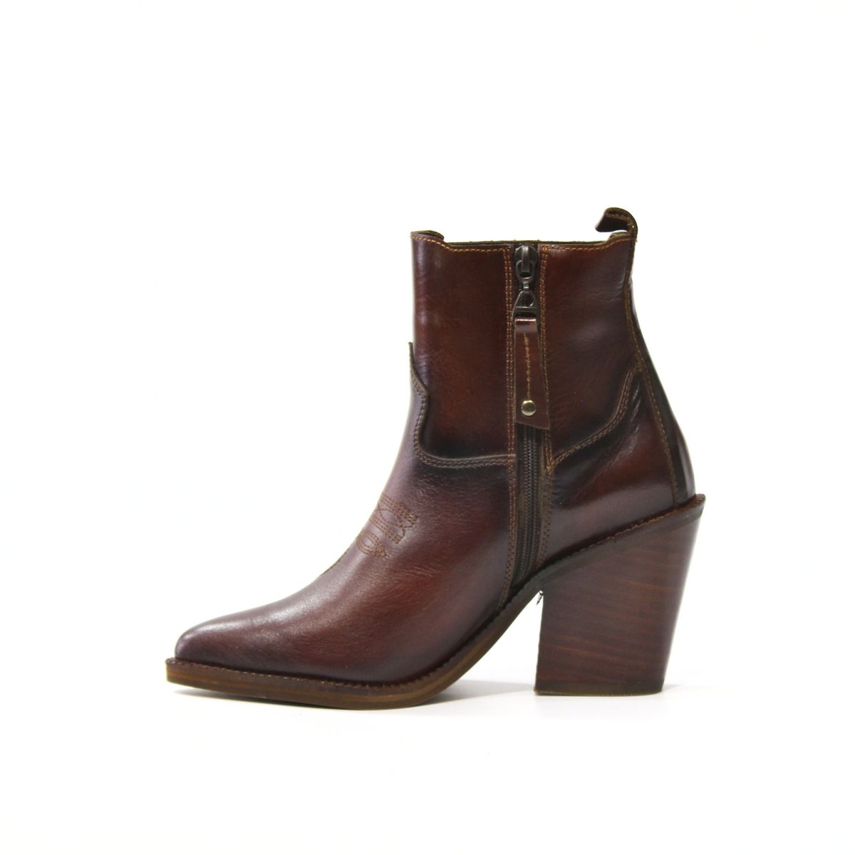 ANTONINA SHOES - Botines en Cuero Coñac de Tacón Alto y Bordado en Capellada - Antonina