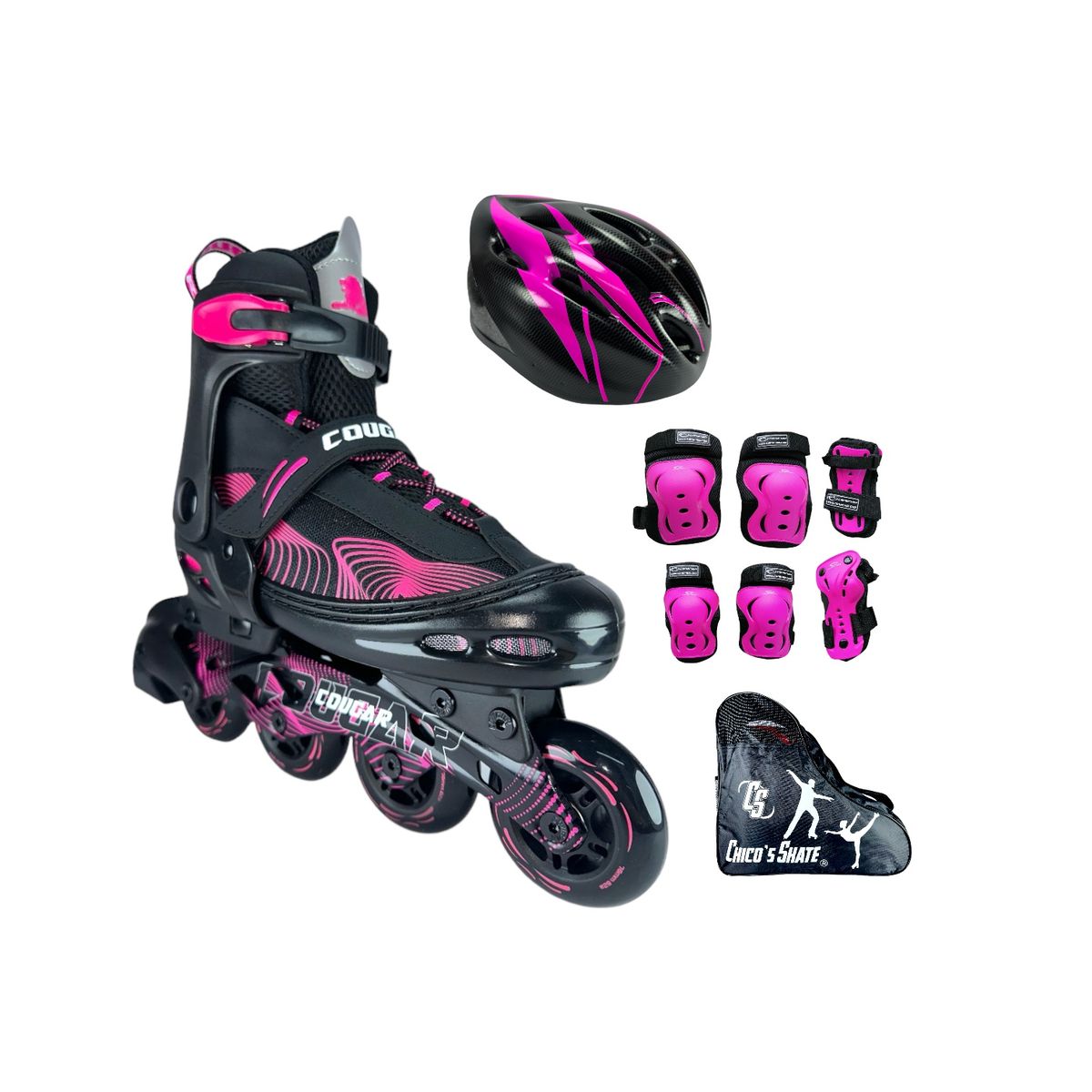 COUGAR - Patines En Linea Semiprofesionales Kit Cougar RP Con Protecciones Fucsia L 38 Ajustables a 41