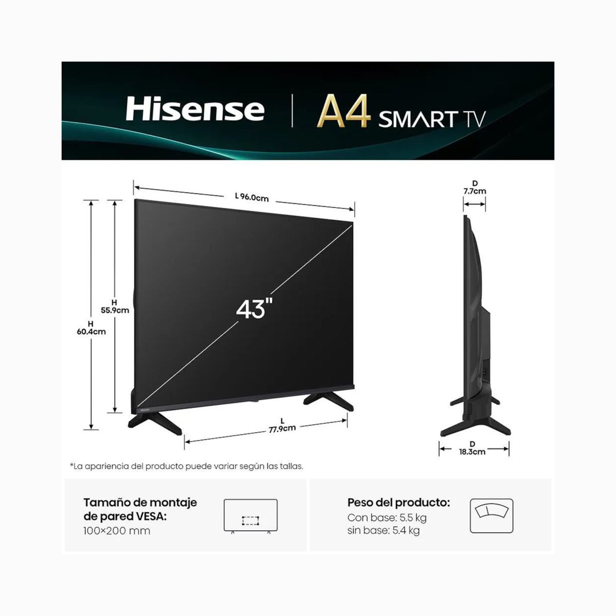 HISENSE - Televisor HISENSE 43 pulgadas LED FHD Smart TV - 43A4NV