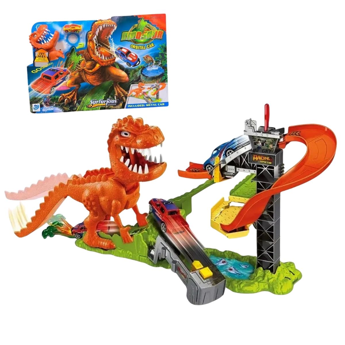 GENERICO - Pista Infantil Rex Dinosaurio Con Autos De Impulso y Sonidos  Hot Orbital Mediana