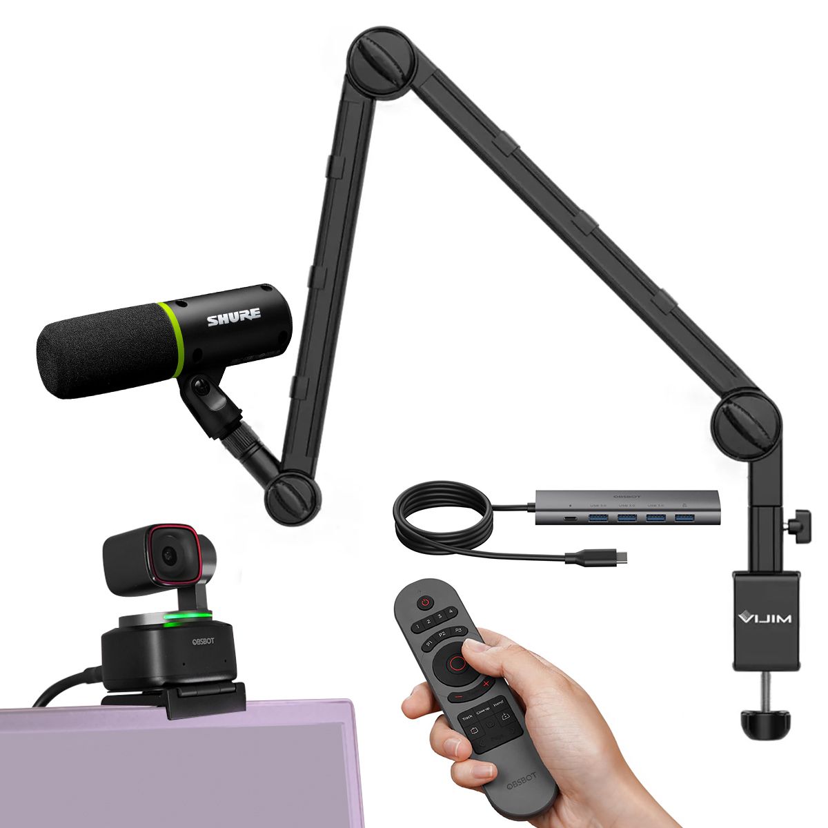 OBSBOT - Combo OBSBOT Tiny 2 Webcam 4K + Control Remoto + Hub 3-en-1 + Mic Shure MV6 + Brazo Ulanzi LS25