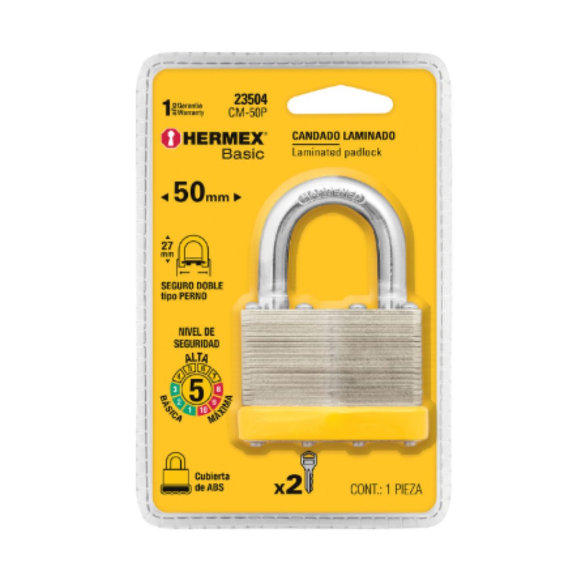 HERMEX - Candado laminado, 50mm, gancho corto, blister, hermex basic - 23504