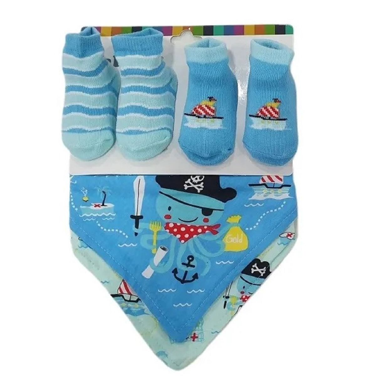 GENERICO - Combo 2 Pares Medias + 2 Baberos Bebe Infantil Azul Imagenes Surtidas