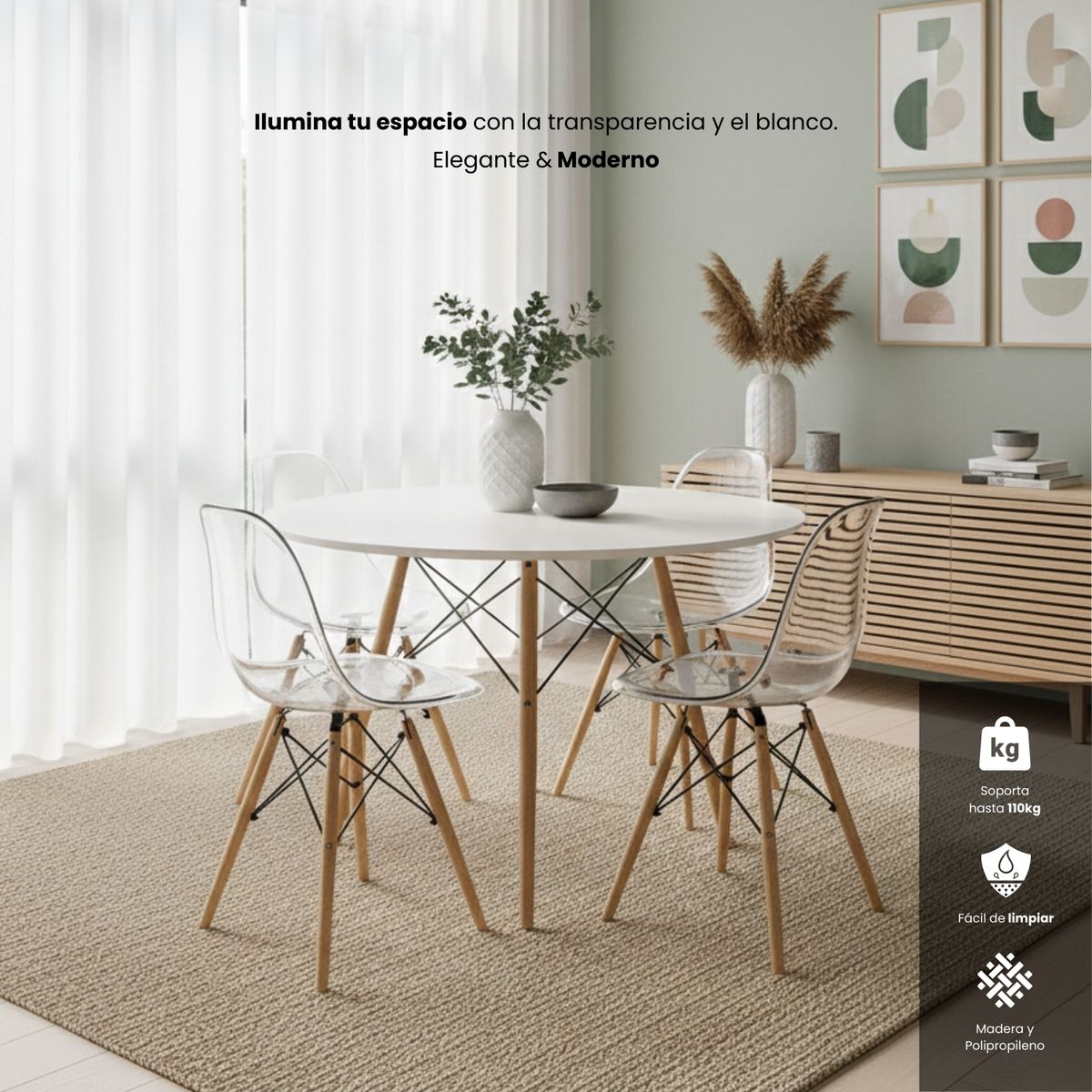 ENTRE NOS HOME - Juego Comedor Entre Nos Home Alma 4 Puestos Mesa Blanca y Sillas Transparentes