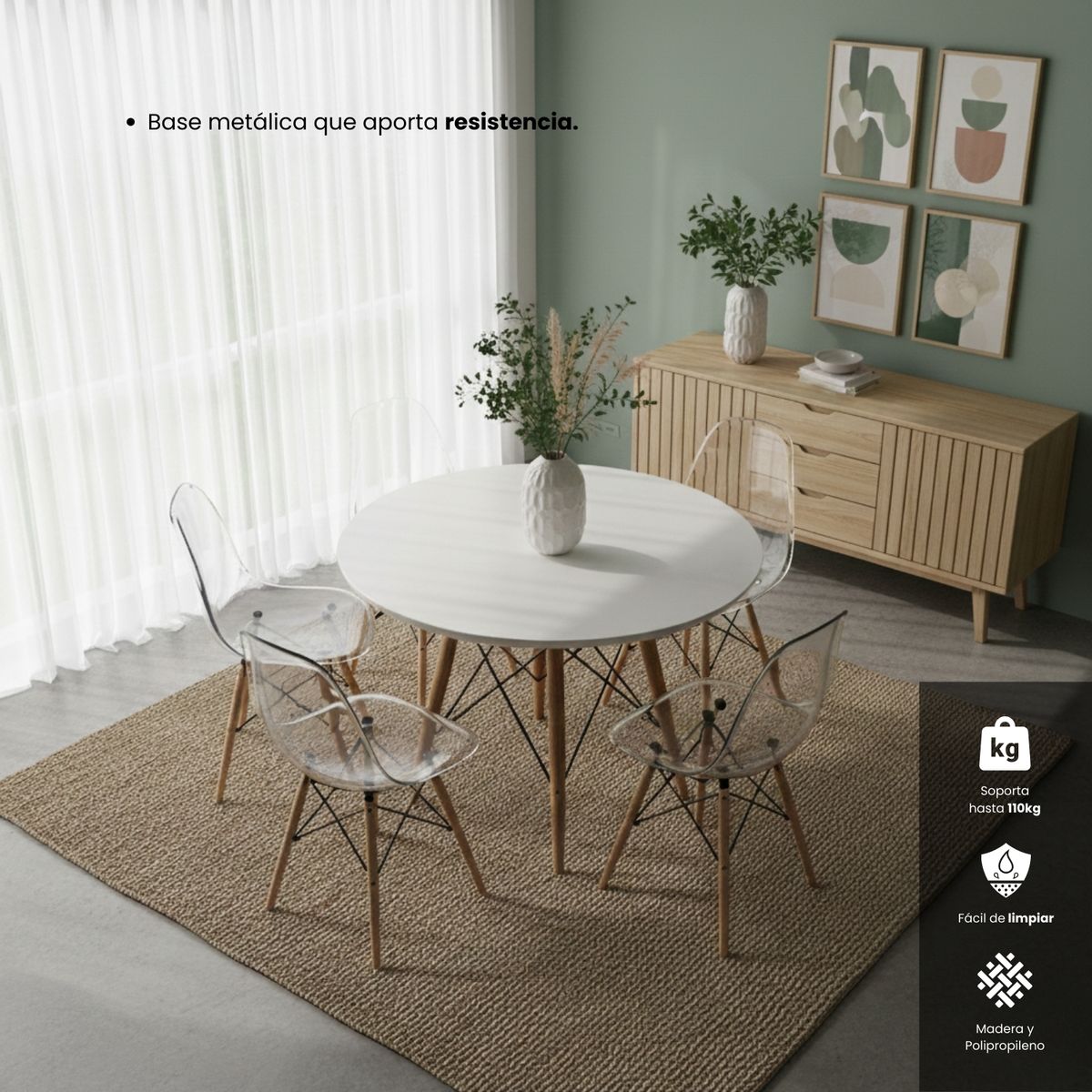 ENTRE NOS HOME - Juego Comedor Entre Nos Home Alma 4 Puestos Mesa Blanca y Sillas Transparentes