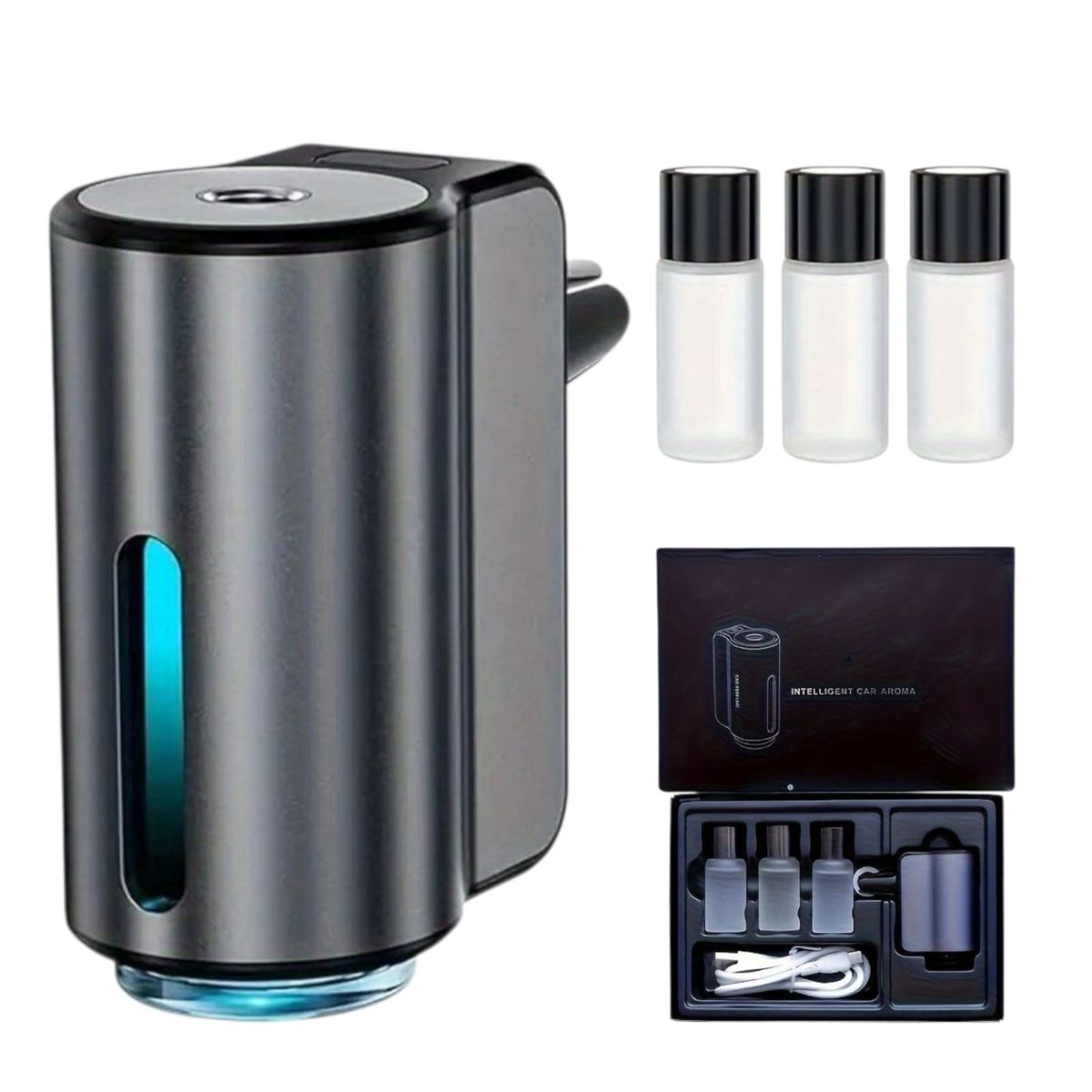 GENERICO - Difusor Ambientador Carro Inteligente 3 Esencias + 3 Filtros Gris Auto Nuevo