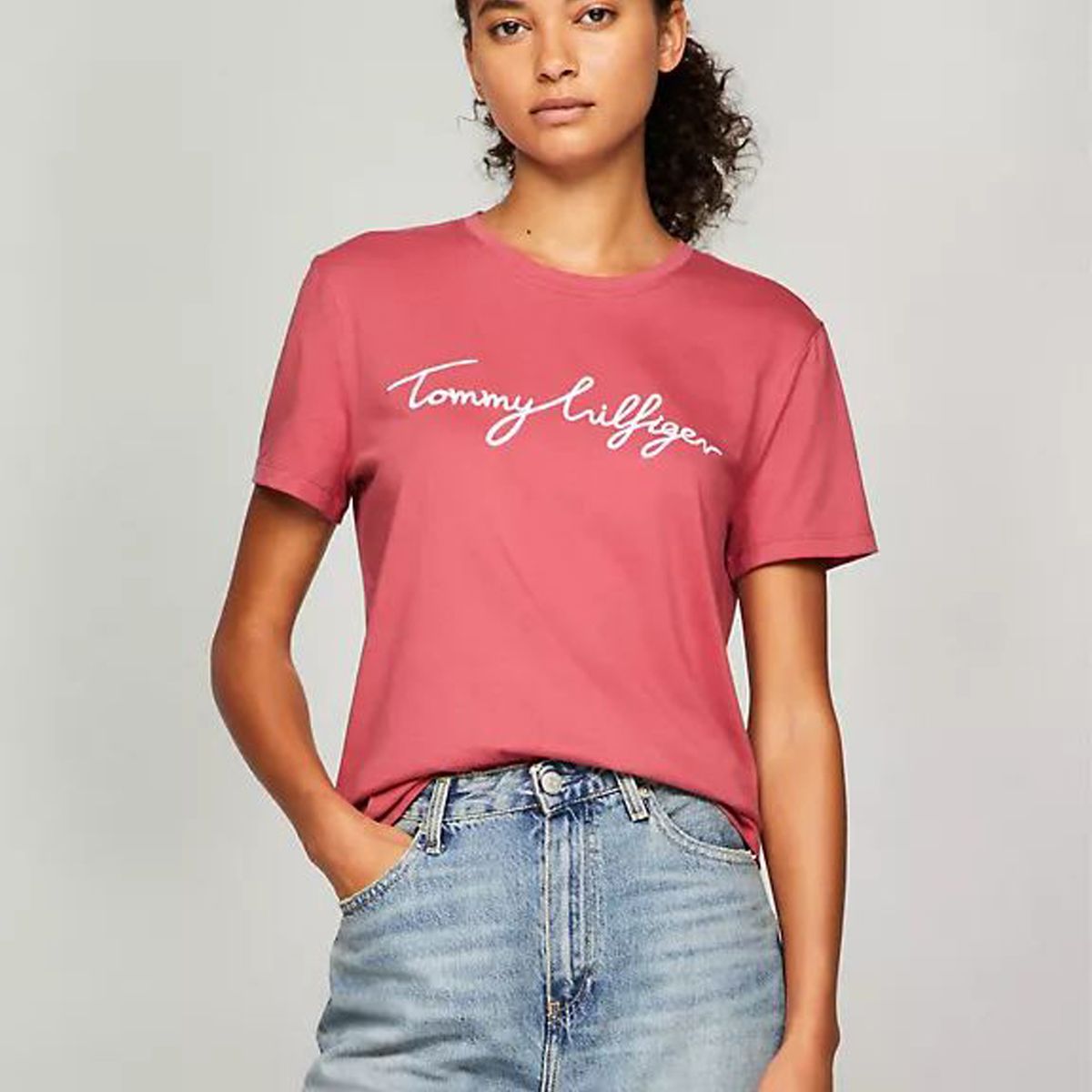 TOMMY HILFIGER - Camiseta rosada de cuello redondo con logo Tommy Hilfiger