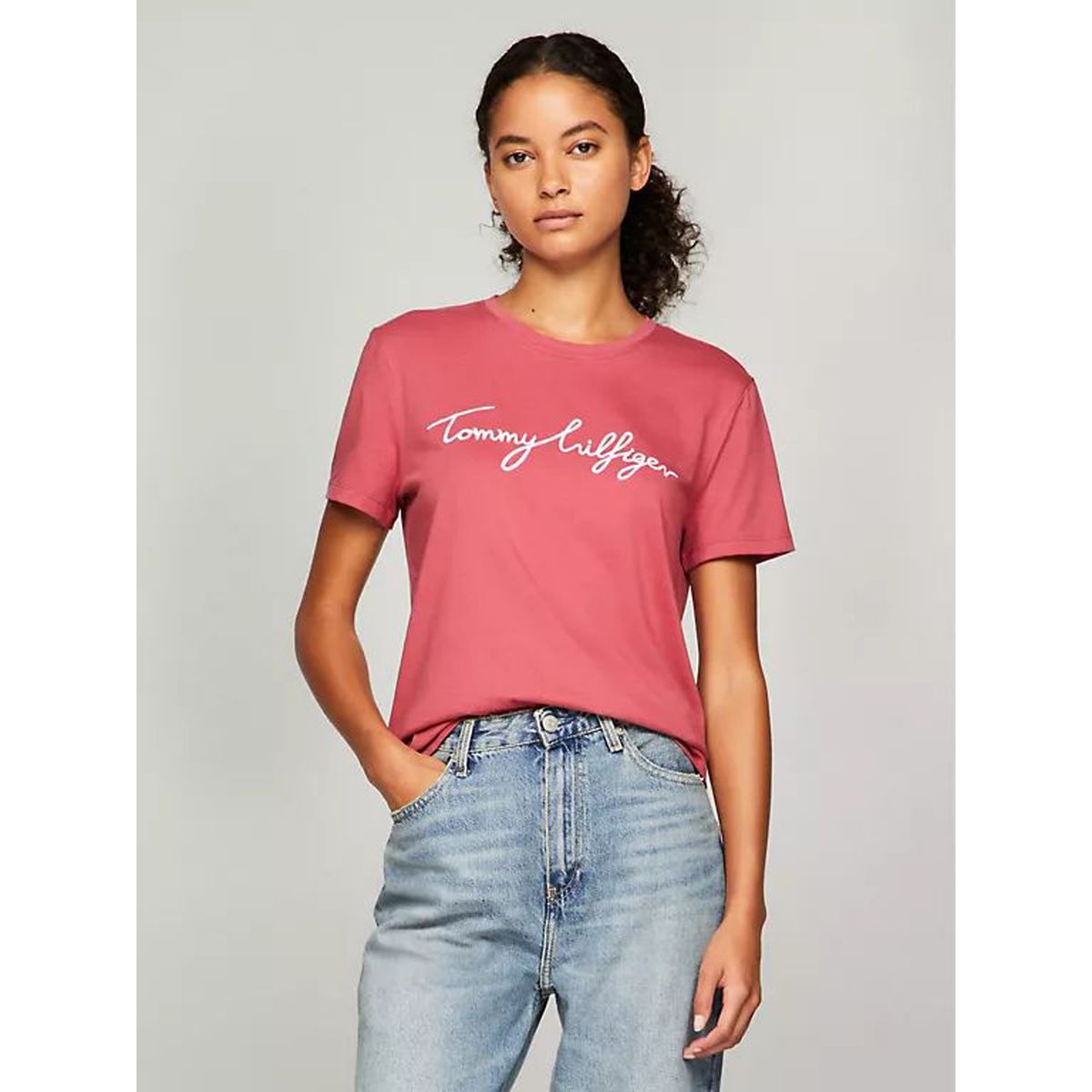 TOMMY HILFIGER - Camiseta rosada de cuello redondo con logo Tommy Hilfiger