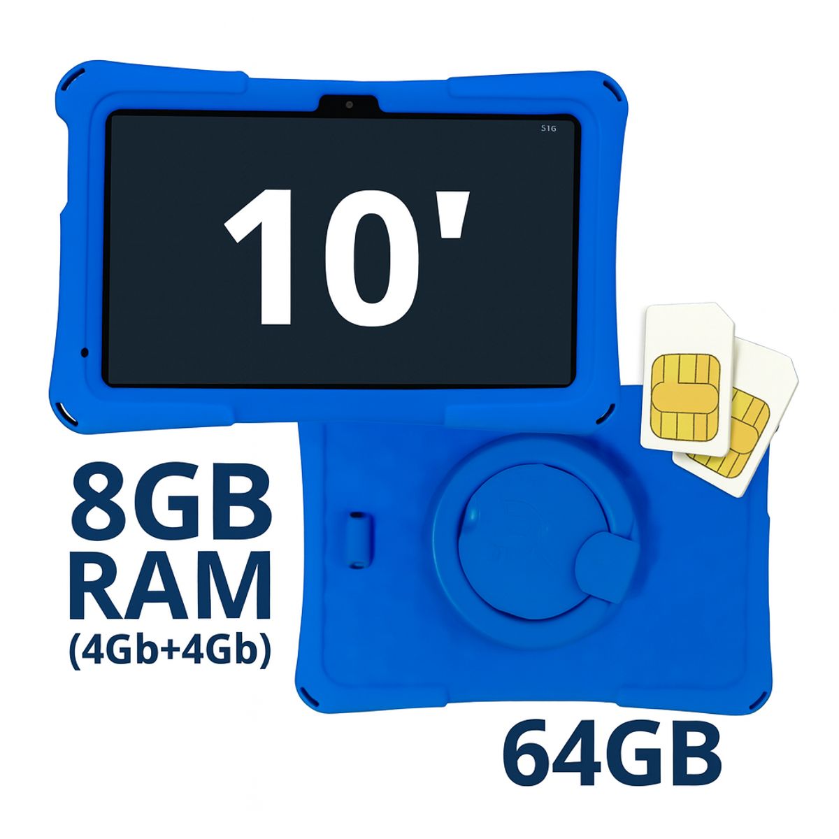 KRONO - Tablet Niños 10 Pulgadas 8GB RAM (4Gb+4Gb) 64GB Doble SIM Android 14 Azul