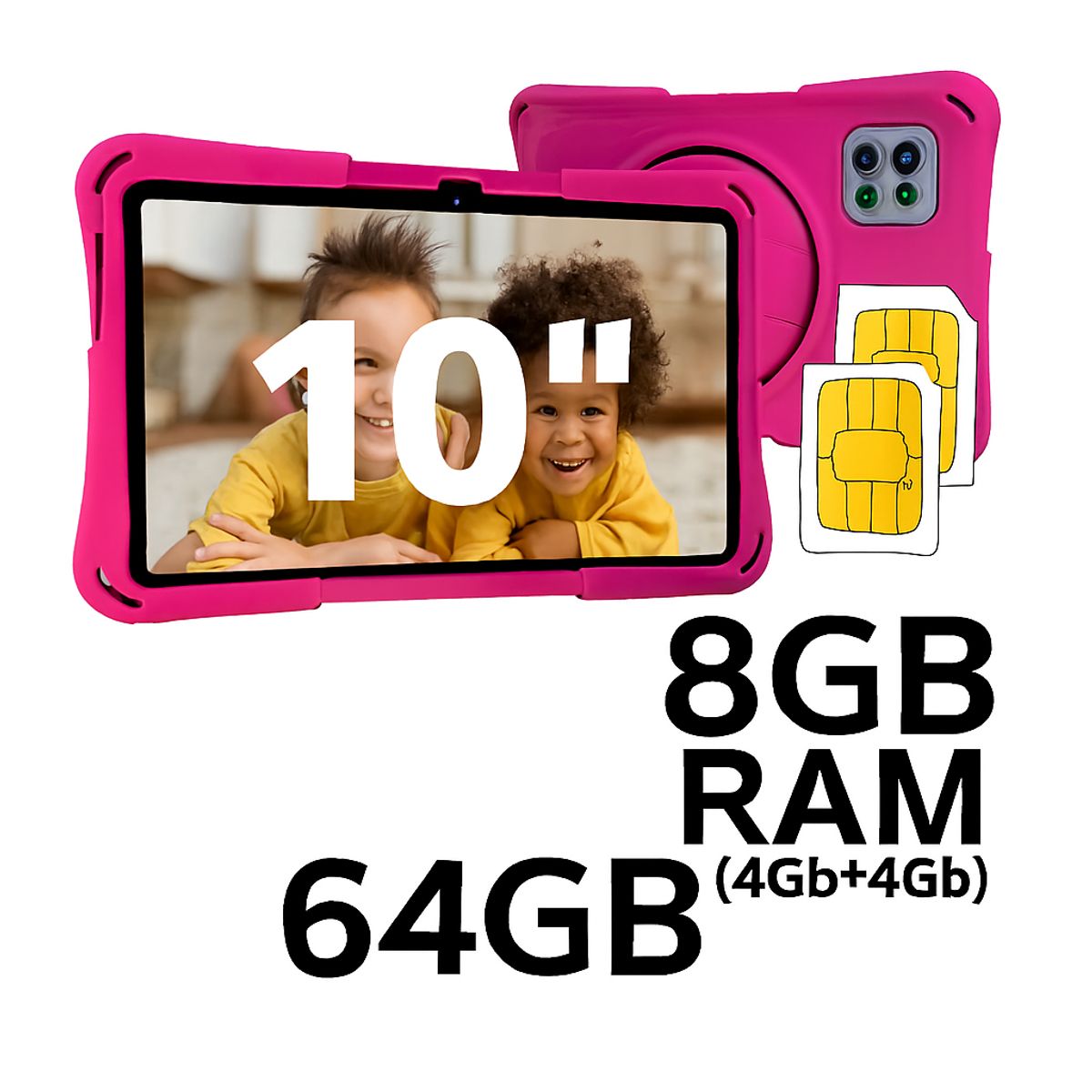 KRONO - Tablet Niños 10 Pulgadas 8GB RAM (4Gb+4Gb) Doble SIM Android 14 64GB Rosado