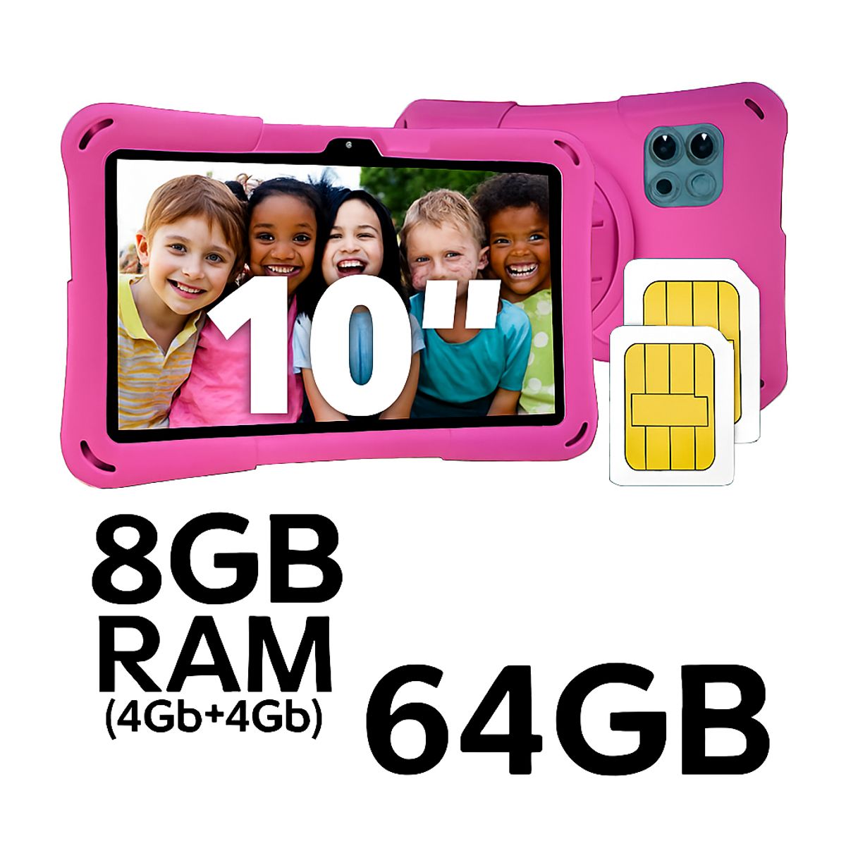 KRONO - Tablet Niñas 10 Pulgadas 8GB RAM (4Gb+4Gb) Doble SIM Android 14 64GB Rosado