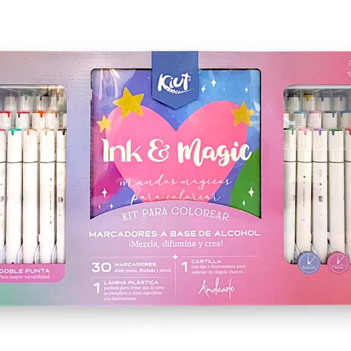 NORMA - Kit para Colorear Ink & Magic – Kiut x Ángela Duarte - 30 Marcadores a Base de Alcohol + Cartilla + Lámina Protectora