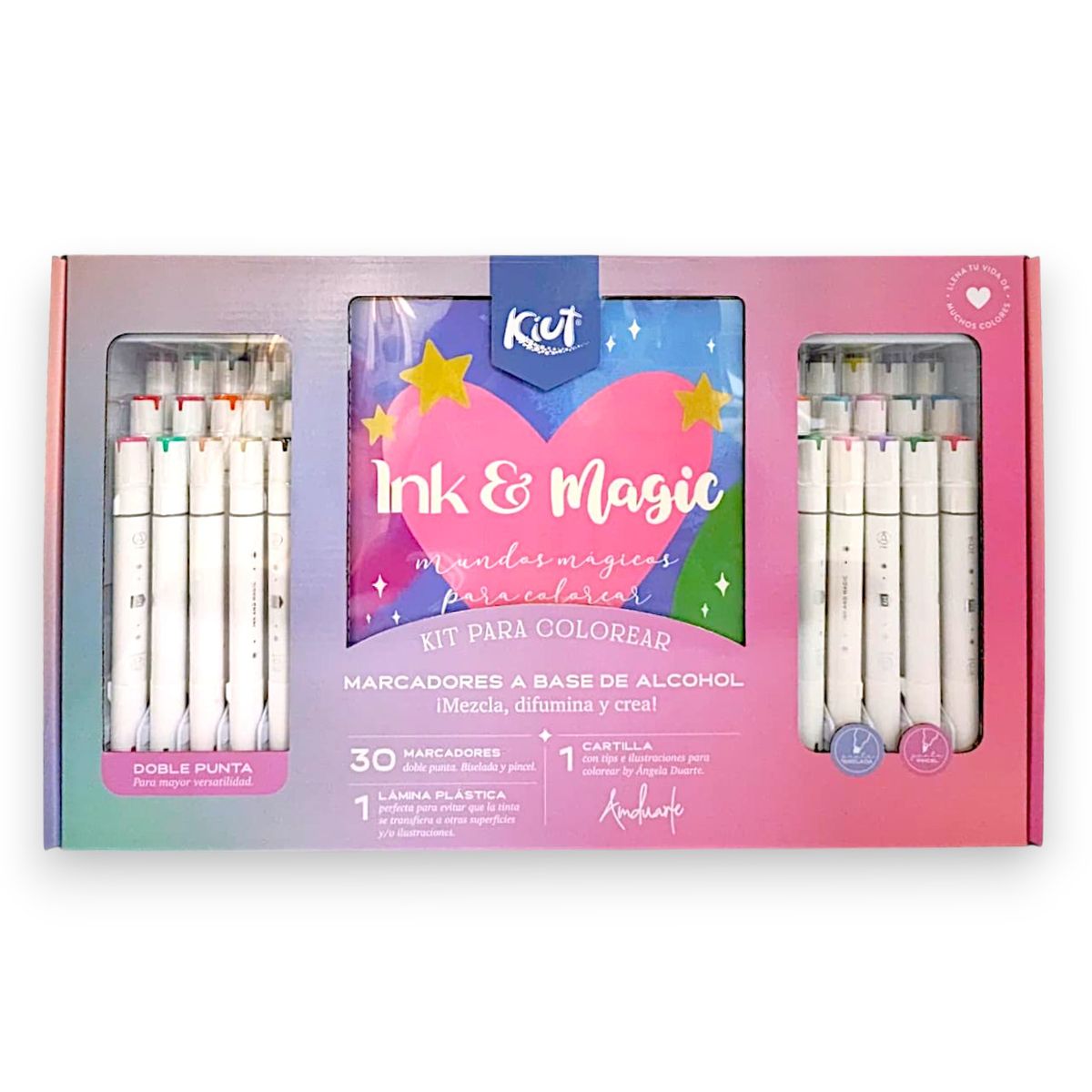 NORMA - Kit para Colorear Ink & Magic – Kiut x Ángela Duarte - 30 Marcadores a Base de Alcohol + Cartilla + Lámina Protectora