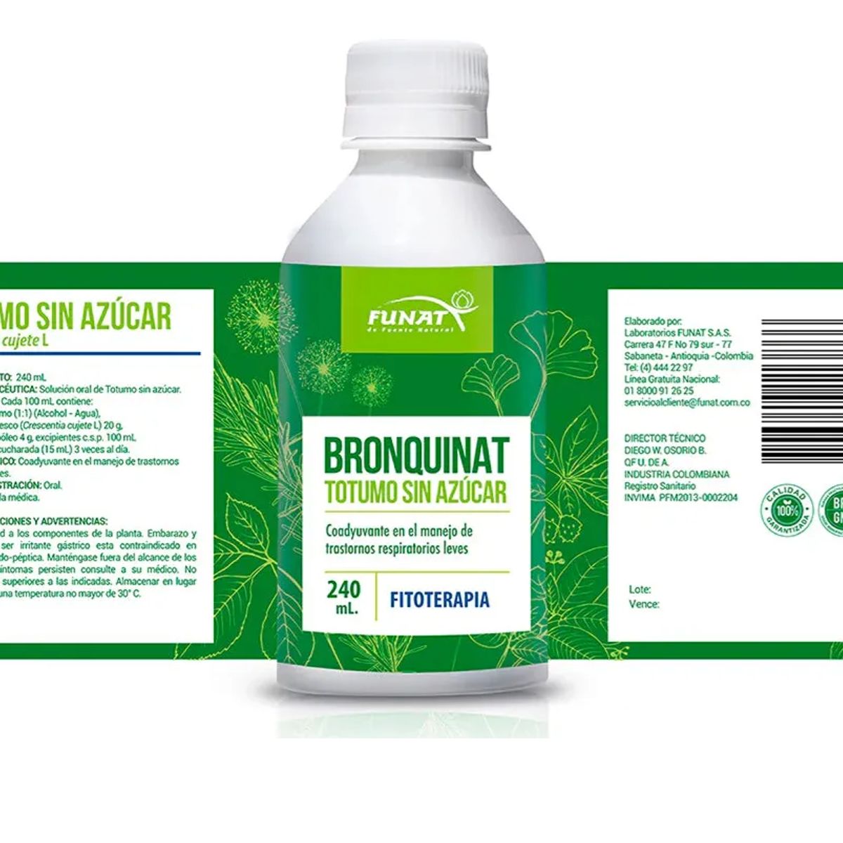 FUNAT - ALIMENTO LIQUIDO CON TOTUMO Y PROPOLEO SIN AZUCAR X 240 ML./ BRONQUINAT