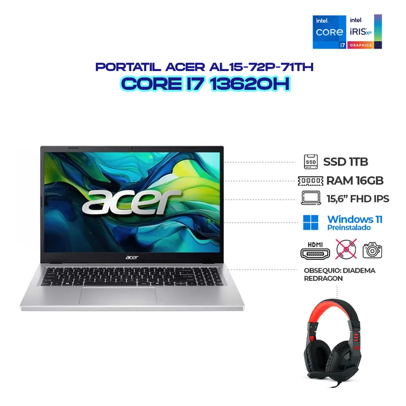 ACER - Portátil Acer con Intel Core i7‑13620H + DIADEMAS REDRAGON - 16GB RAM - 1TB SSD - 156″ FHD