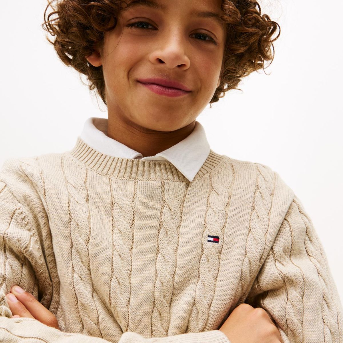 TOMMY HILFIGER - Saco café de punto trenzado y cuello redondo Tommy Hilfiger