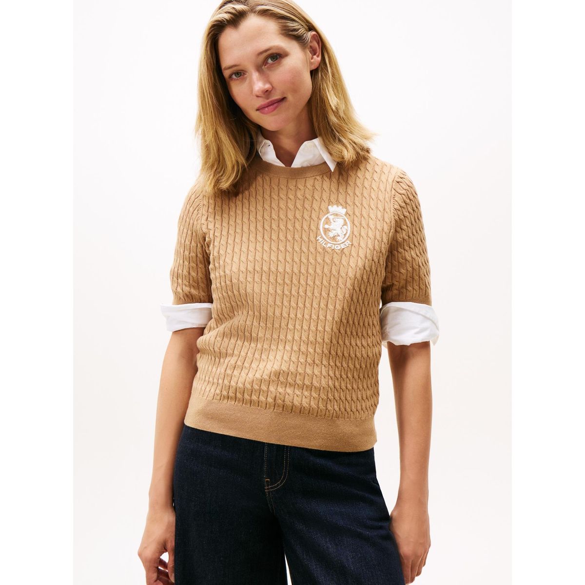 TOMMY HILFIGER - Saco beige con tejido cable y logo gráfico Tommy Hilfiger