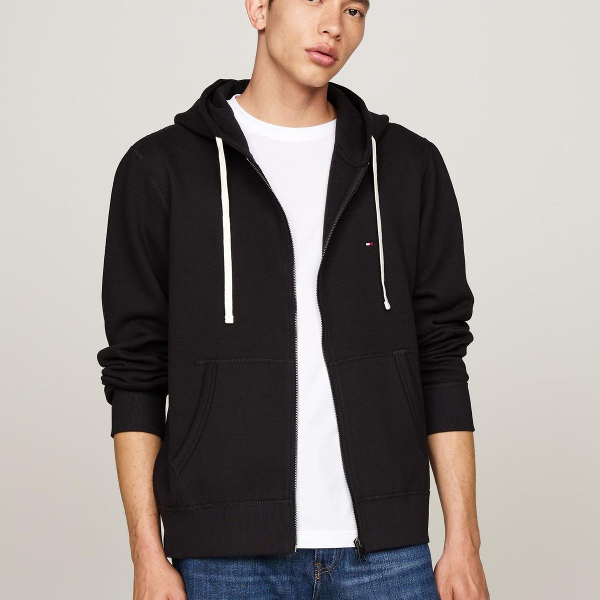 TOMMY HILFIGER - Buzo negro de felpa con capota y cremallera Tommy Hilfiger