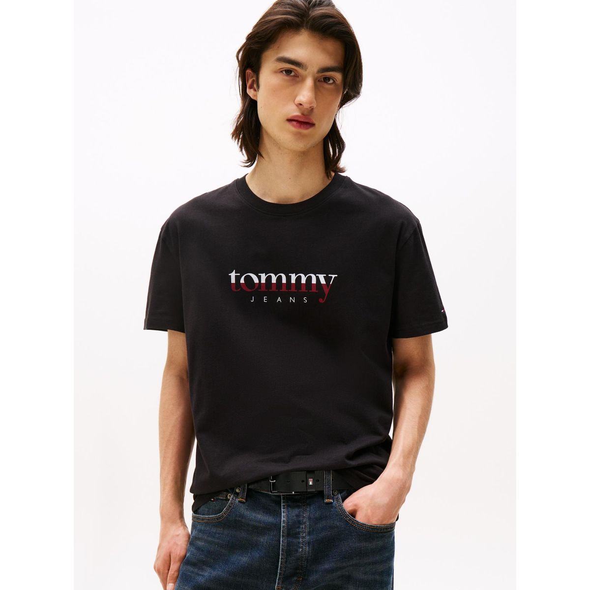 TOMMY HILFIGER - Camiseta negra de punto con logo y cuello redondo Tommy Jeans