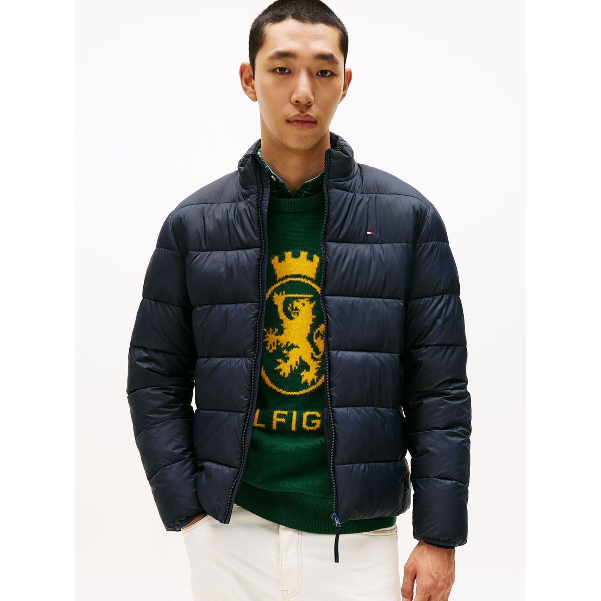 TOMMY HILFIGER - Chaqueta azul de cuello alto acolchada con logo Tommy Hilfiger