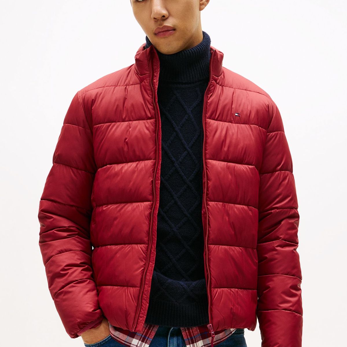 TOMMY HILFIGER - Chaqueta roja de cuello alto acolchada con logo Tommy Hilfiger