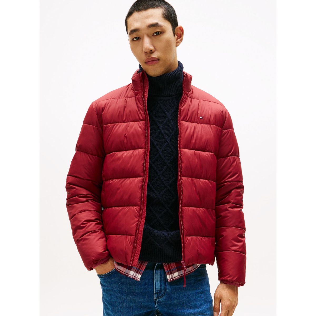 TOMMY HILFIGER - Chaqueta roja de cuello alto acolchada con logo Tommy Hilfiger