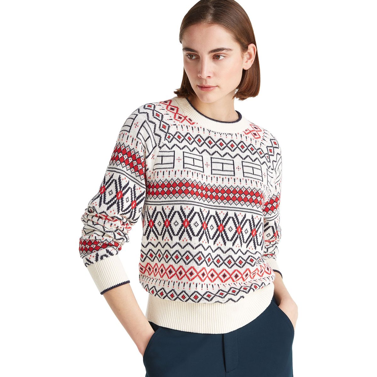 TOMMY HILFIGER - Cárdigan blanco cuello v con diseño AOP Fair isle Tommy Hilfiger