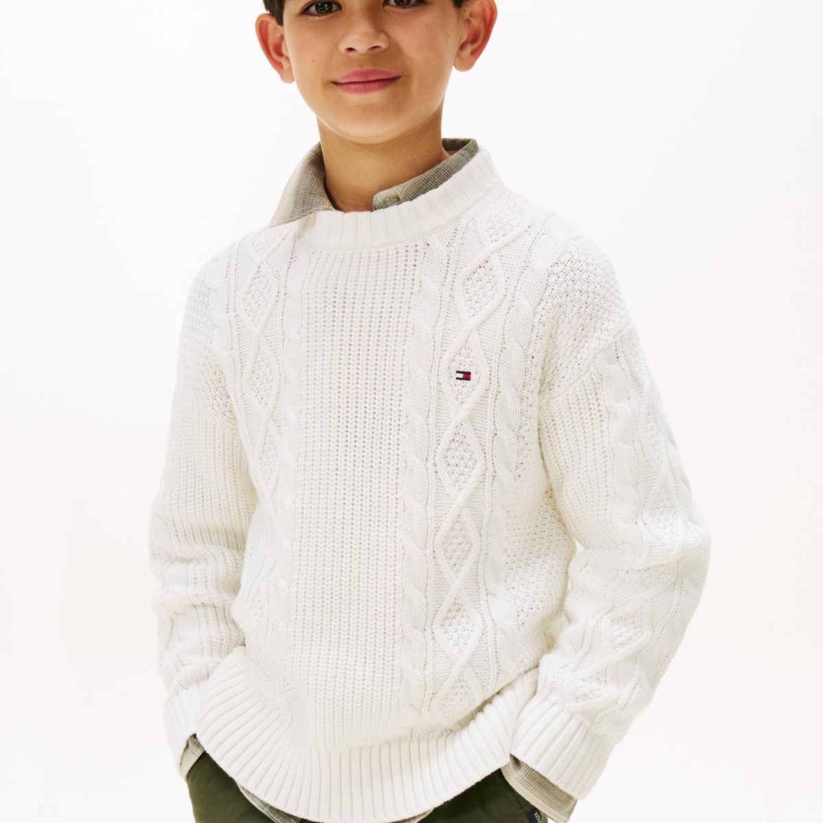 TOMMY HILFIGER - Saco blanco de puntos mixtos con logo en intarsia Tommy Hilfiger