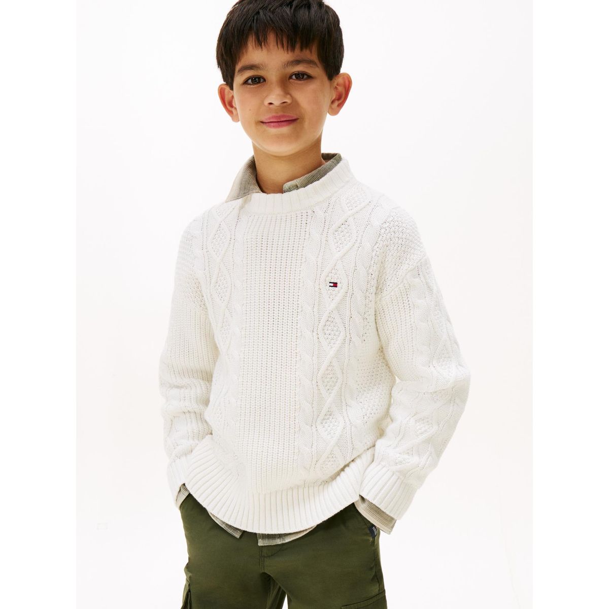 TOMMY HILFIGER - Saco blanco de puntos mixtos con logo en intarsia Tommy Hilfiger