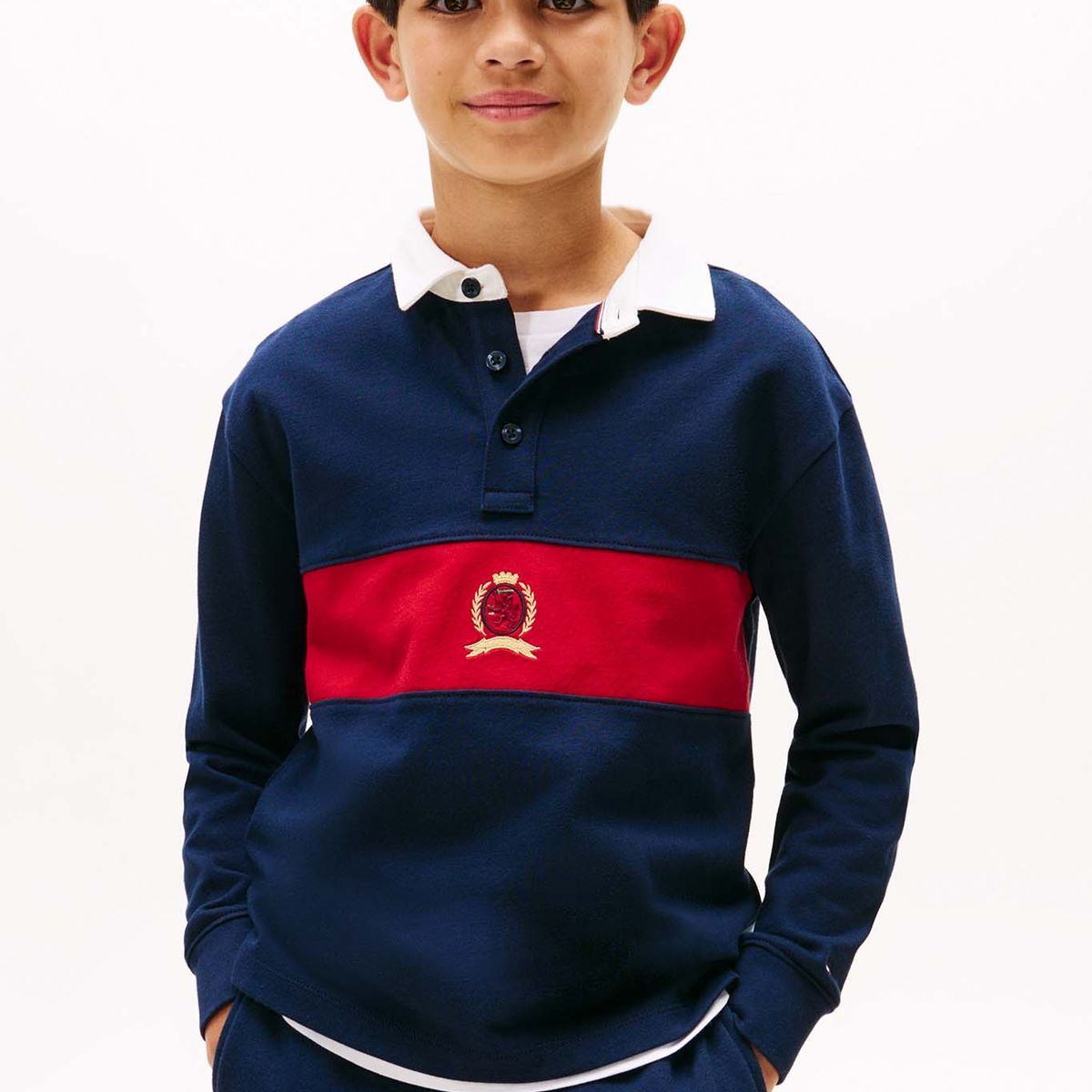TOMMY HILFIGER - Polo azul de manga larga con escudo TH Tommy Hilfiger