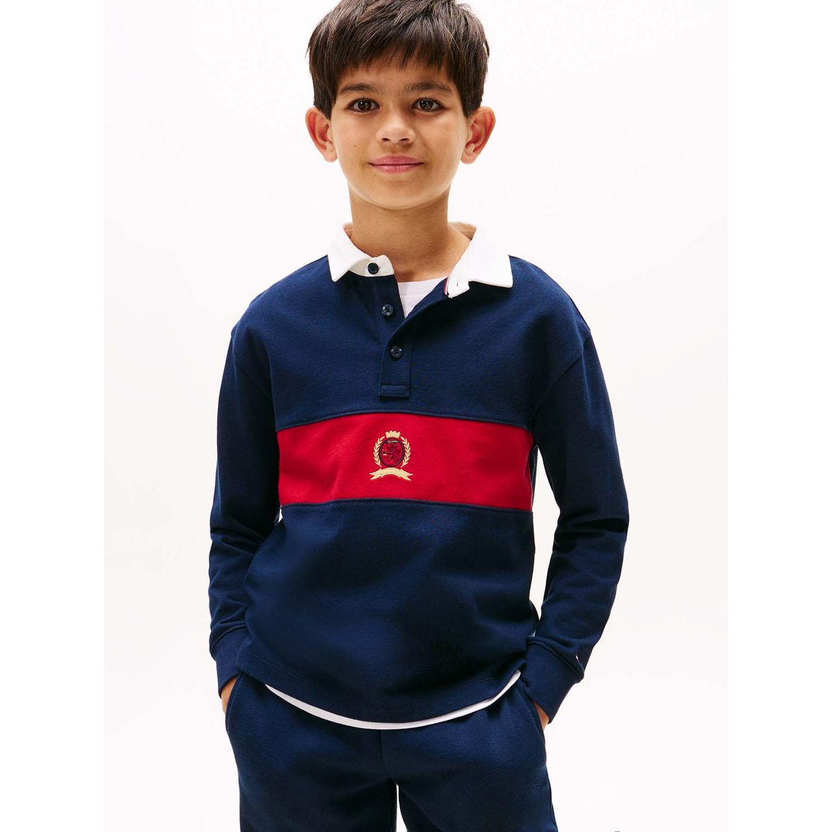 TOMMY HILFIGER - Polo azul de manga larga con escudo TH Tommy Hilfiger