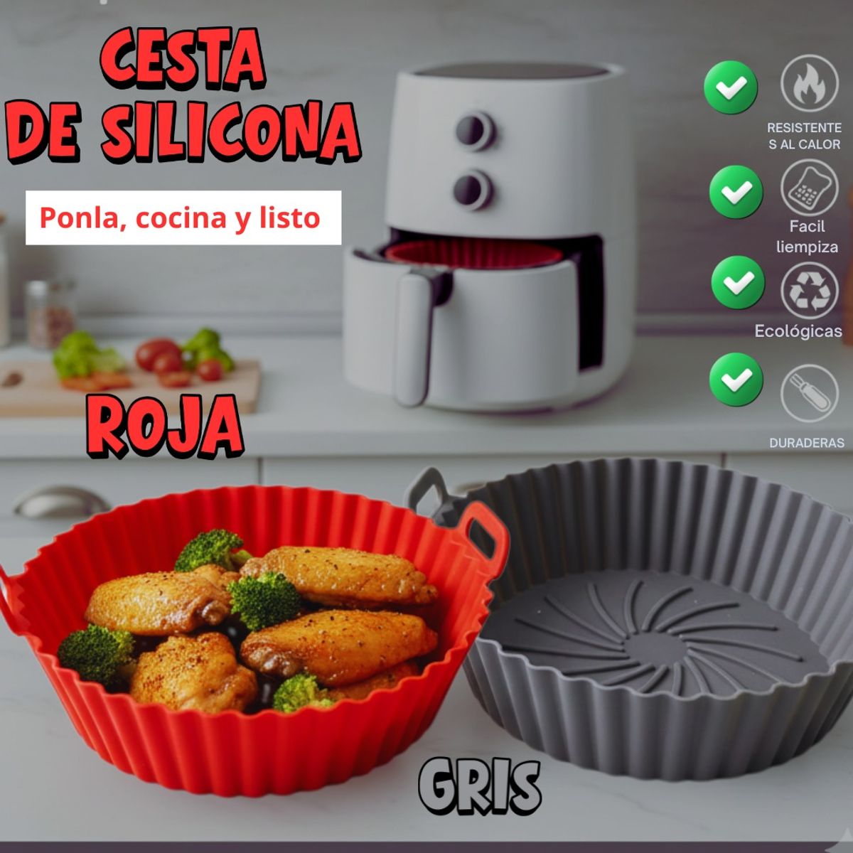 GENERAL - COCA AIR FRYER EN SILICONA RESISTENTE MODELO 2026 COLOR GRIS