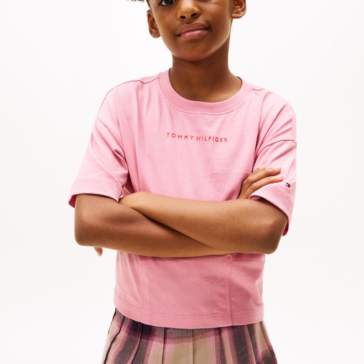 TOMMY HILFIGER - Camiseta rosada de punto con logo engomado Tommy Hilfiger