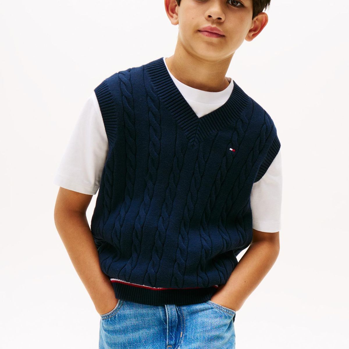 TOMMY HILFIGER - Chaleco azul de punto trenzado Tommy Hilfiger