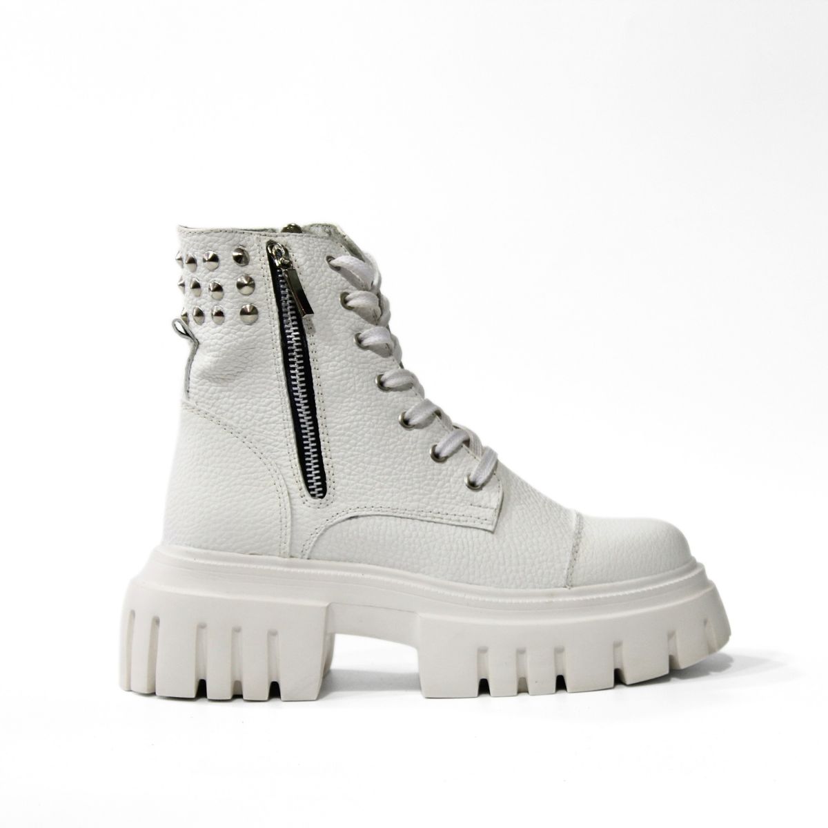 ANTONINA SHOES - Botines en Cuero Blanco de Amarrar con Taches - Antonina
