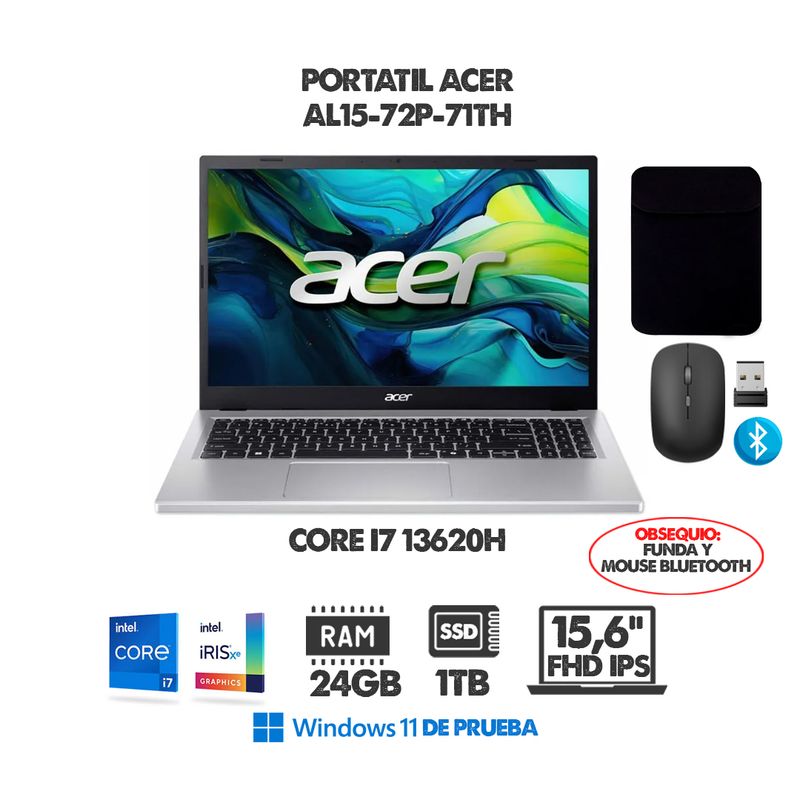 ACER - PORTATIL ACER ASPIRE LITE - INTEL CORE I7 13620H - 16 FHD IPS - RAM 24GB - SSD 1TB - FUNDA Y MOUSE