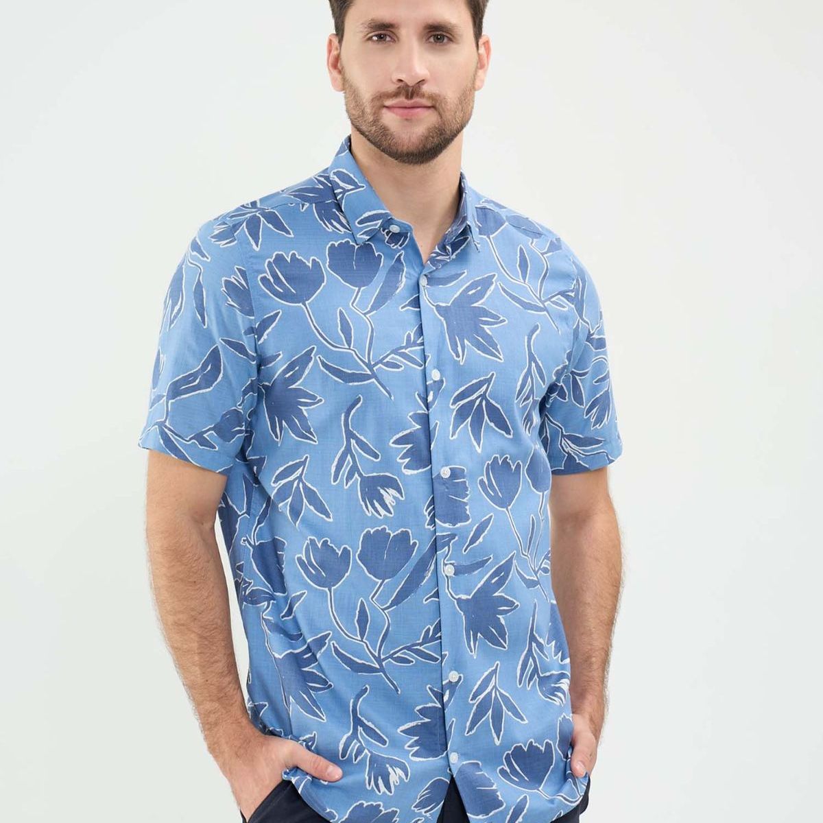 PATPRIMO - Camisa  Para Hombre Manga Corta Sin Bolsillo Cuello Resort Color Azul Marca Patprimo #44013096