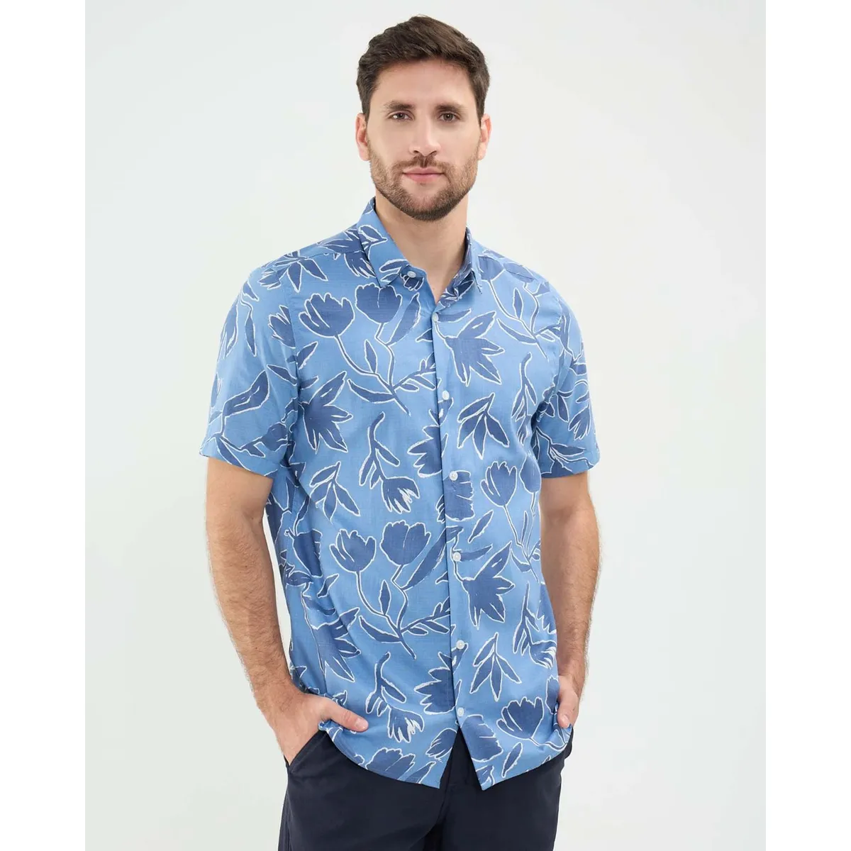 PATPRIMO - Camisa  Para Hombre Manga Corta Sin Bolsillo Cuello Resort Color Azul Marca Patprimo #44013096